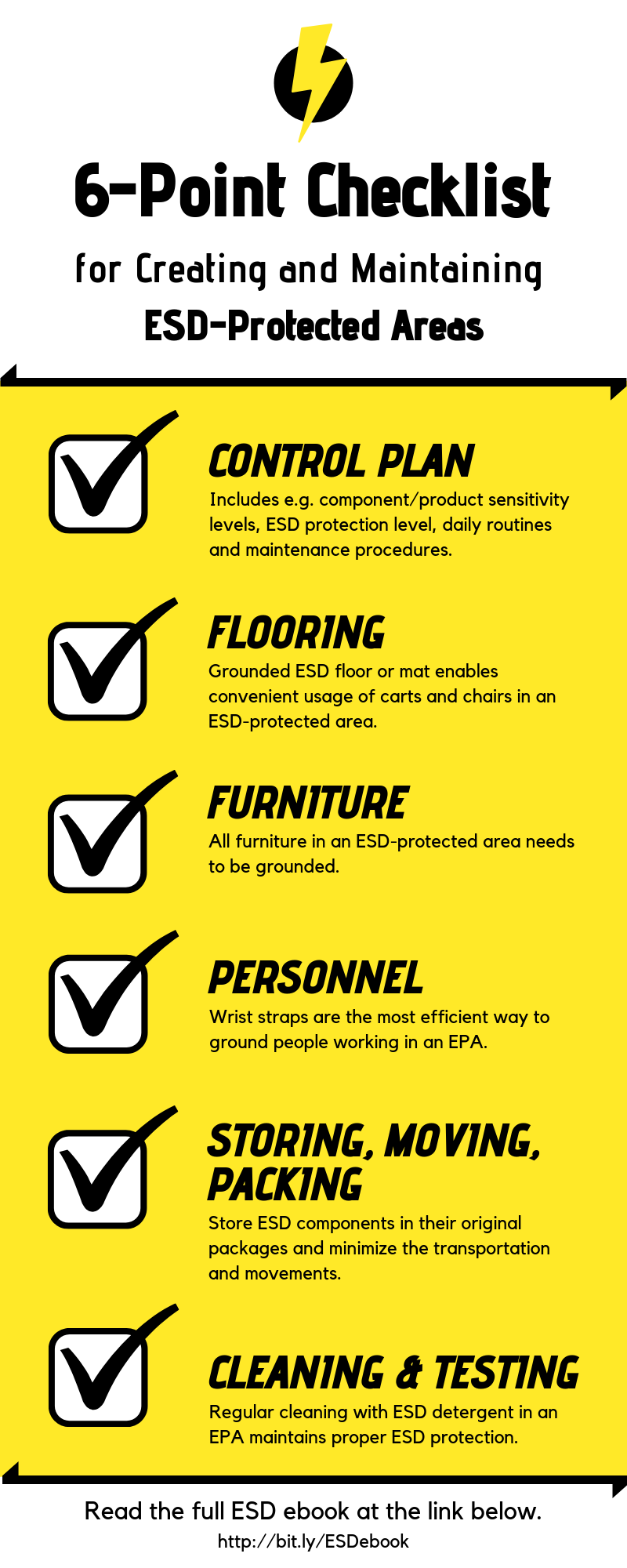 The infographic below outlines the 6 steps to creating and maintaining an ESD-protected area (EPA).